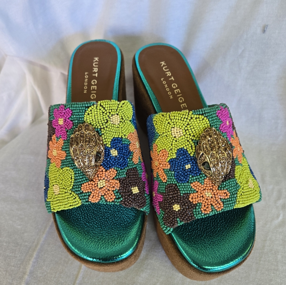 Kurt Geiger Beaded Floral Slide Mules in Teal, Green, Pink, Orange - Picture 3 of 16